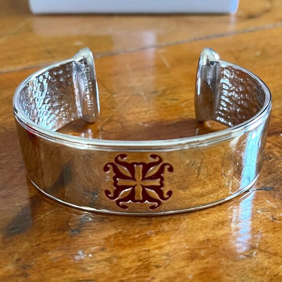 Rustic Cuff Silvertone and Red Enamel NWOT Cuff Bracelet with Gift Bag - Picture 1 of 5